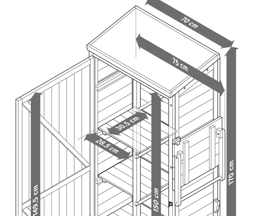 Großer Gartenschrank mit hochklappbarem Seitenregal