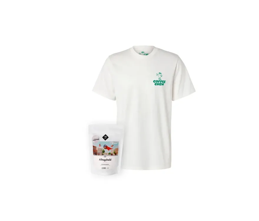 Kaffee-Geschenkset "Coffee Shirt" - 1 x 250 g Omni-Roast Ganze Bohne und Coffee Crew T-Shirt