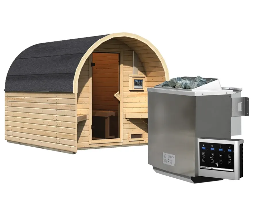 Karibu Fasshaus »Orkla«, naturfarben, inkl. 9 kW-Bio-Ofen mit externer Steuerung