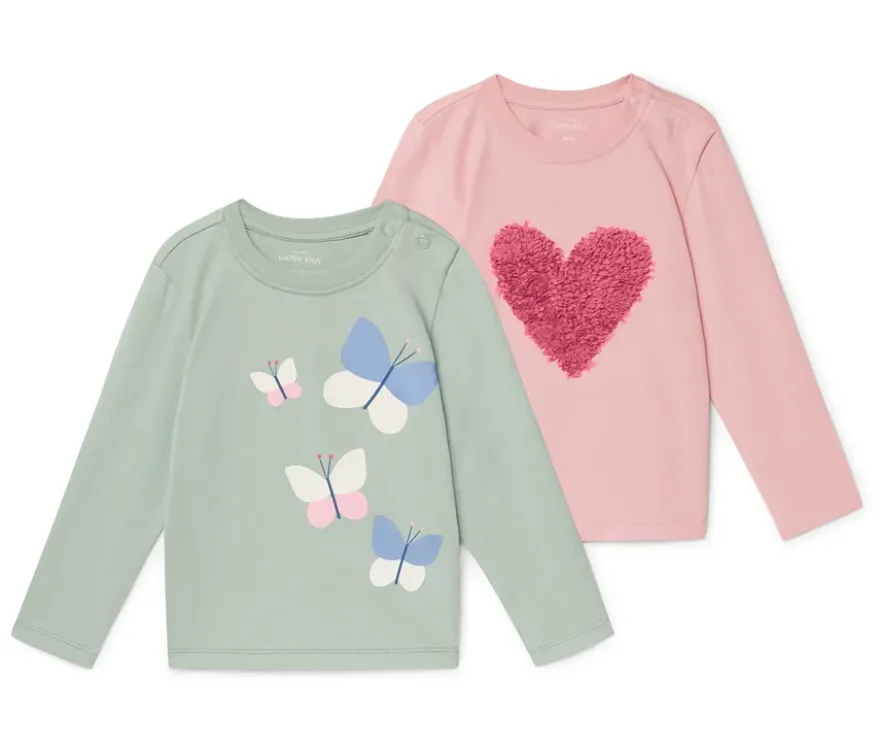 2 Kinder-Langarmshirts mit Applikation, rosa und mint