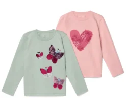 2 Kinder-Langarmshirts mit Applikation, rosa und mint
