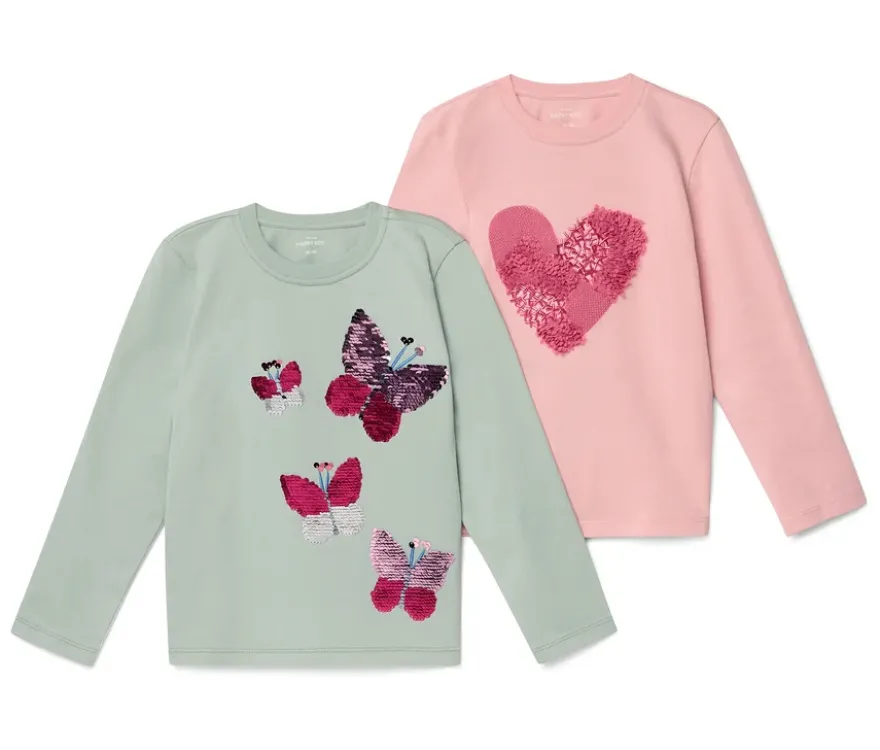 2 Kinder-Langarmshirts mit Applikation, rosa und mint