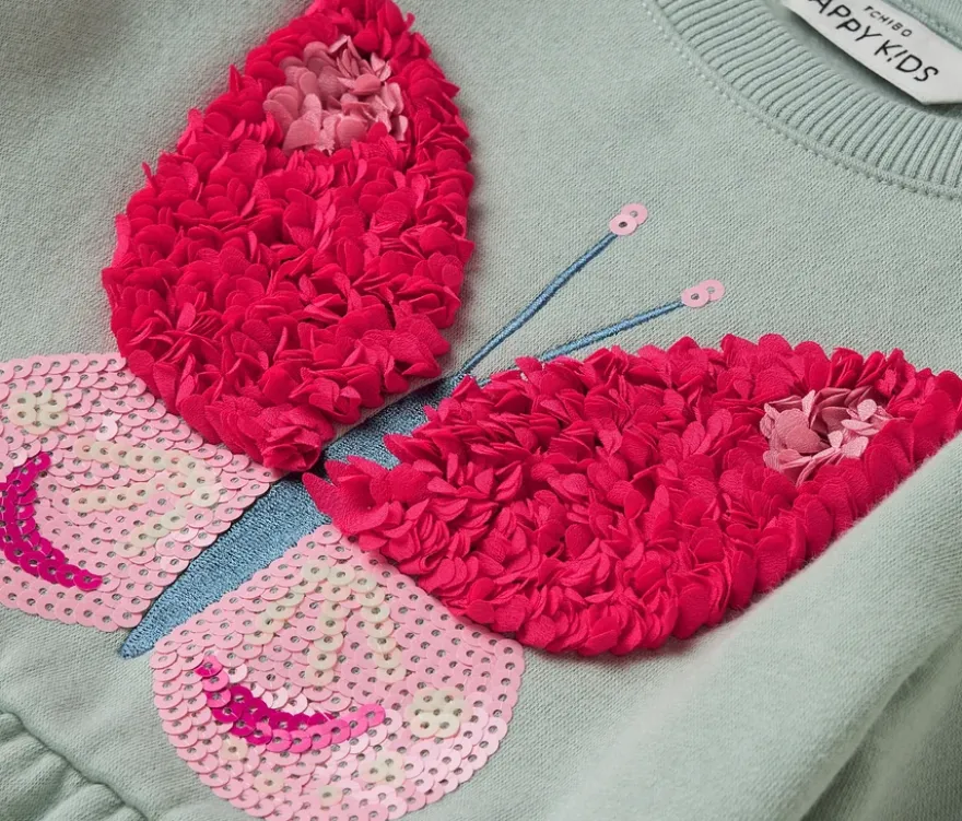 Kinder-Sweatkleid, graugrün mit Schmetterlings-Applikation