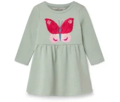 Kinder-Sweatkleid, graugrün mit Schmetterlings-Applikation