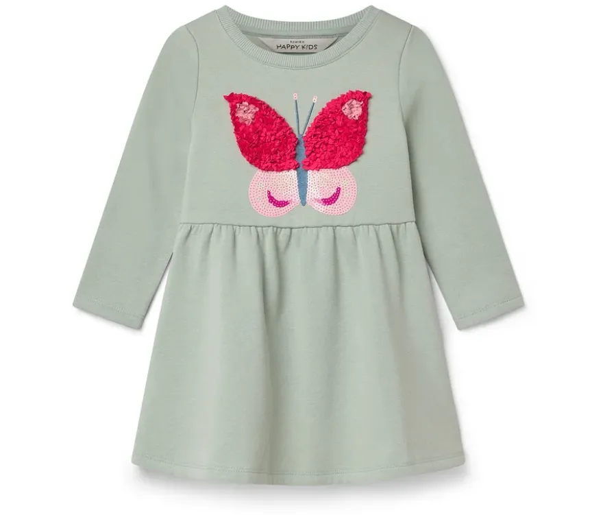 Kinder-Sweatkleid, graugrün mit Schmetterlings-Applikation