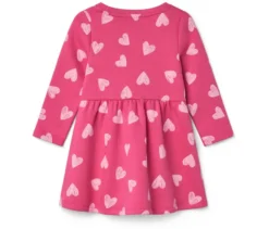 Kinder-Sweatkleid, mittelpink mit hellrosafarbenen Herzen-Alloverprint