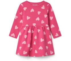 Kinder-Sweatkleid, mittelpink mit hellrosafarbenen Herzen-Alloverprint