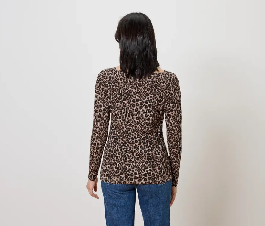 Langarmshirt, beige mit braun-schwarzem Leo-Alloverprint