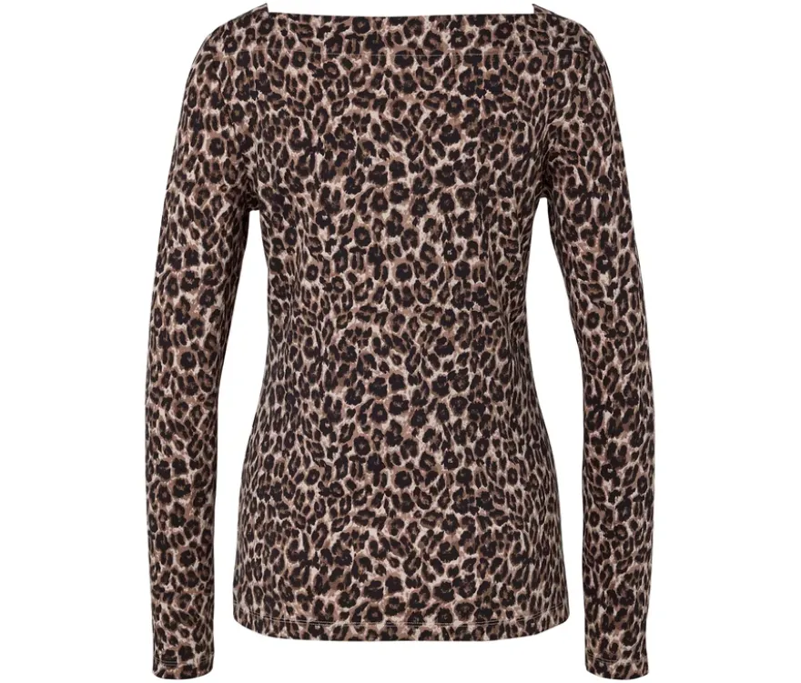 Langarmshirt, beige mit braun-schwarzem Leo-Alloverprint