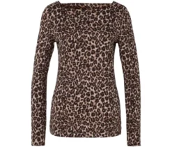 Langarmshirt, beige mit braun-schwarzem Leo-Alloverprint