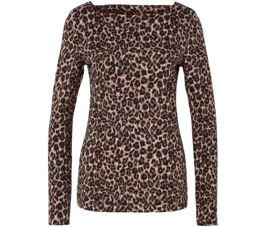 Langarmshirt, beige mit braun-schwarzem Leo-Alloverprint