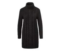 Langer Strickpullover mit Zopfmuster, schwarz