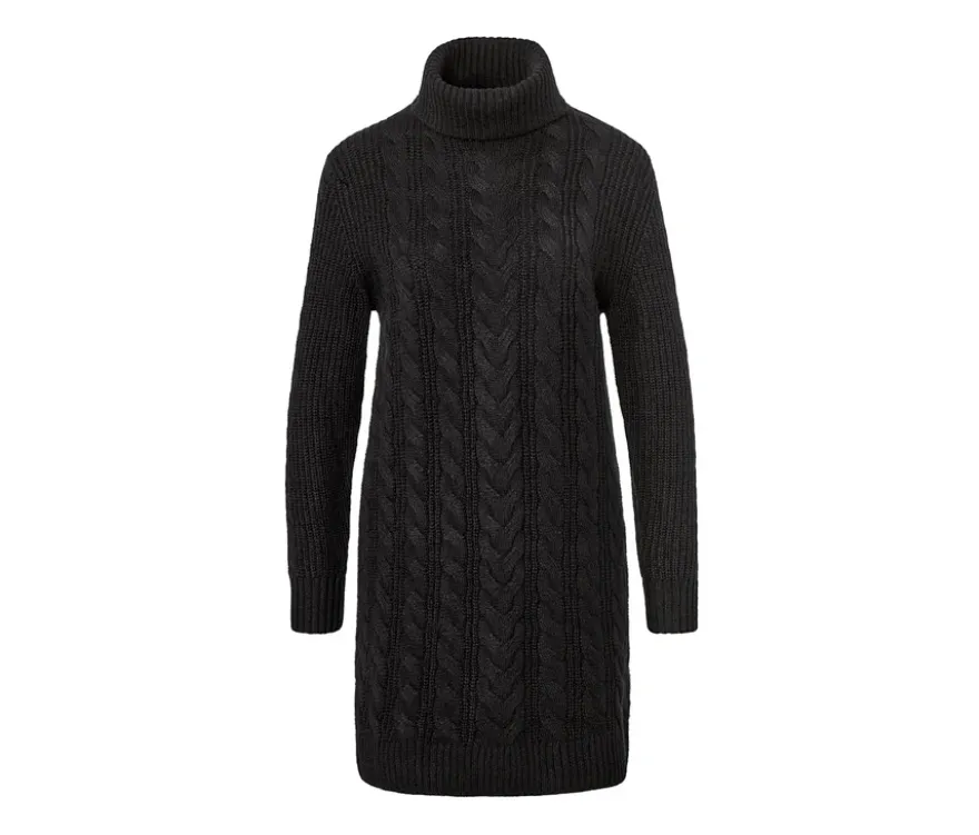 Langer Strickpullover mit Zopfmuster, schwarz