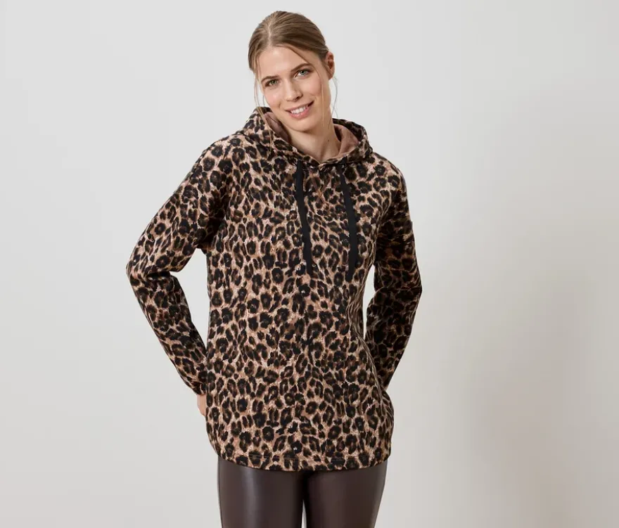 Langes Kapuzensweatshirt mit Leo-Alloverprint