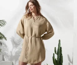 Longbluse aus Leinenmix, beige