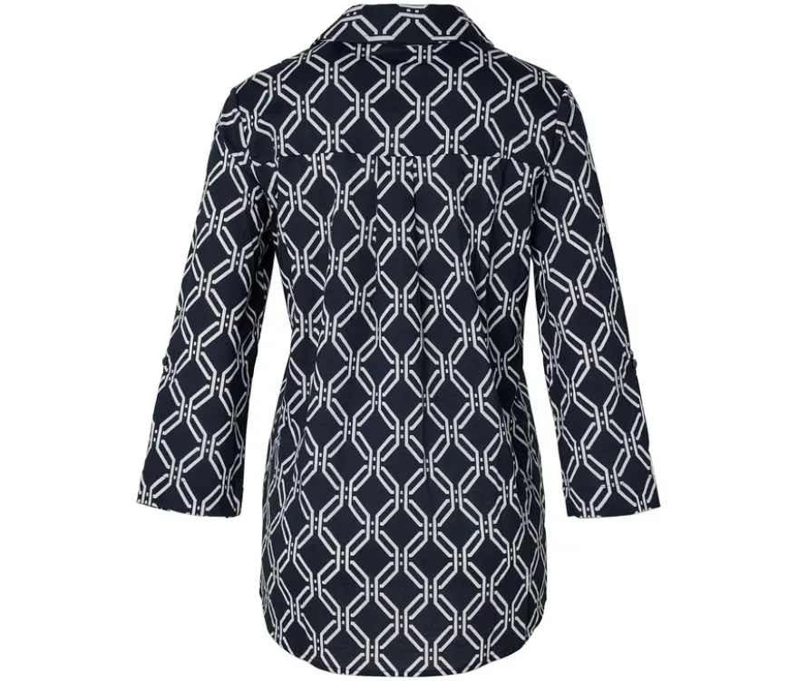 Piqué-Jerseybluse, dunkelblau-weißer Alloverprint