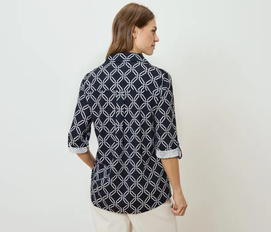 Piqué-Jerseybluse, dunkelblau-weißer Alloverprint