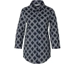 Piqué-Jerseybluse, dunkelblau-weißer Alloverprint