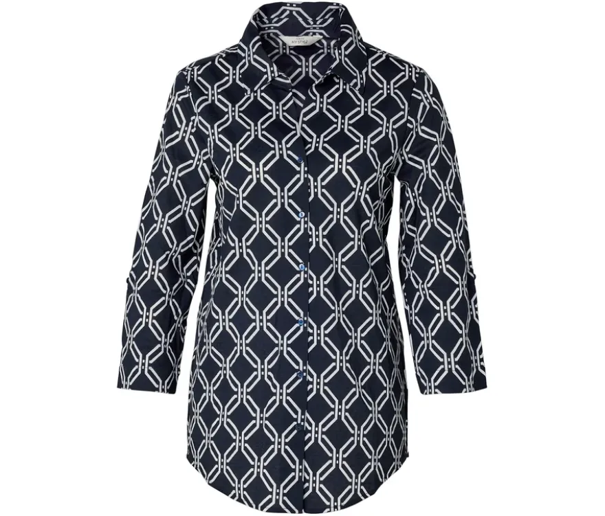 Piqué-Jerseybluse, dunkelblau-weißer Alloverprint
