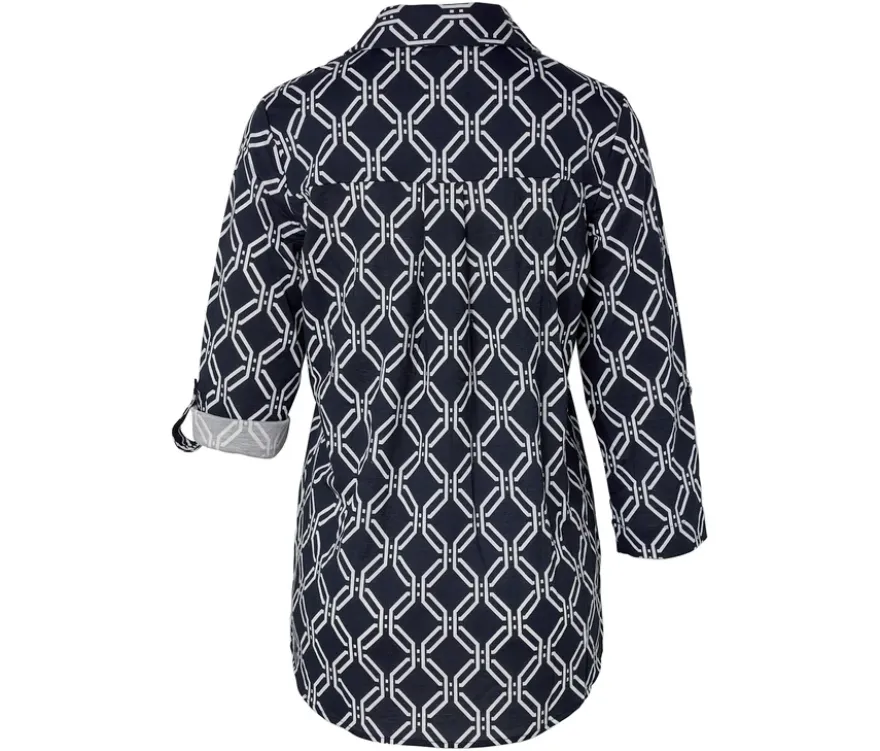 Piqué-Jerseybluse, dunkelblau-weißer Alloverprint