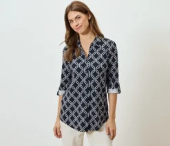 Piqué-Jerseybluse, dunkelblau-weißer Alloverprint