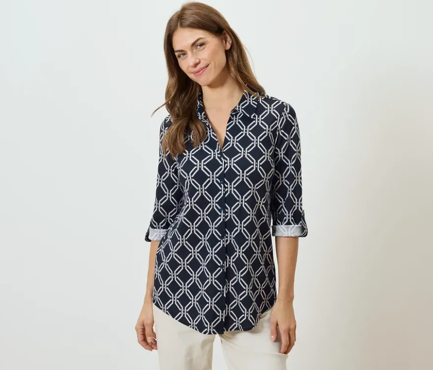 Piqué-Jerseybluse, dunkelblau-weißer Alloverprint