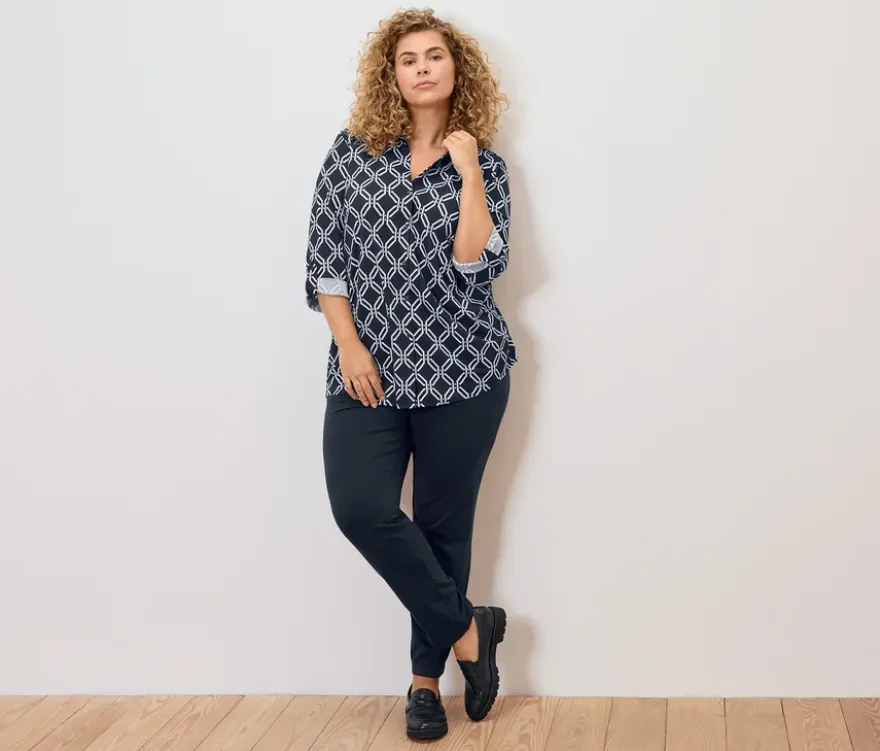 Piqué-Jerseybluse, dunkelblau-weißer Alloverprint