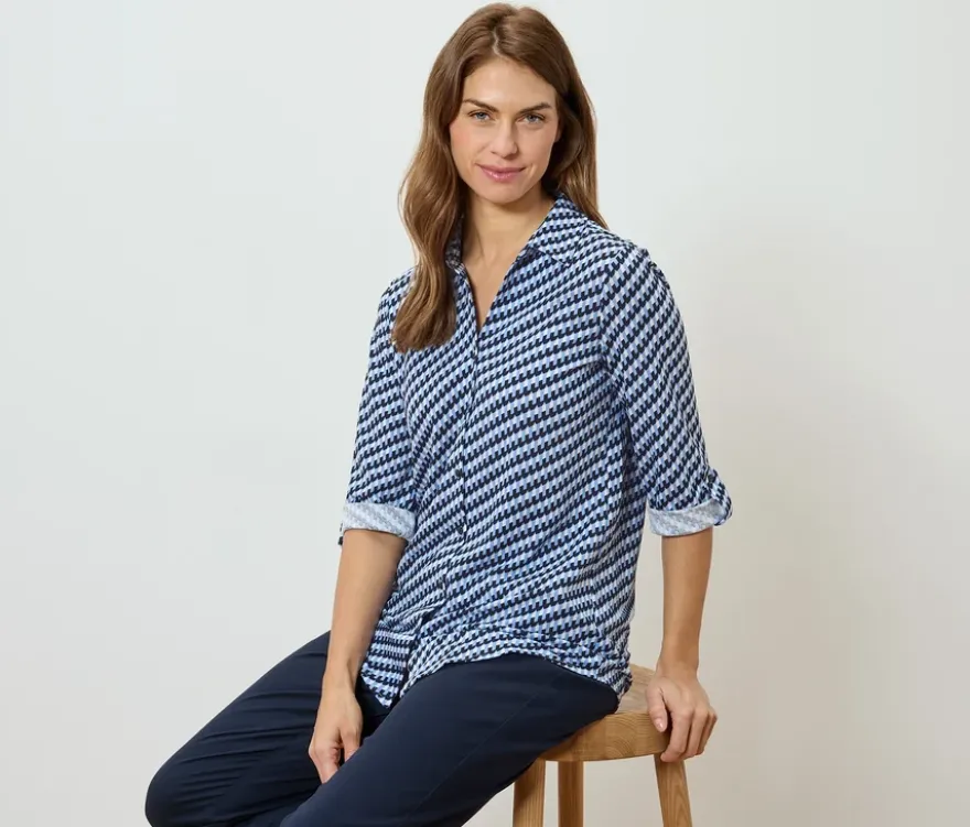 Piqué-Jerseybluse, dunkelblau-weiß-hellblauer Alloverprint