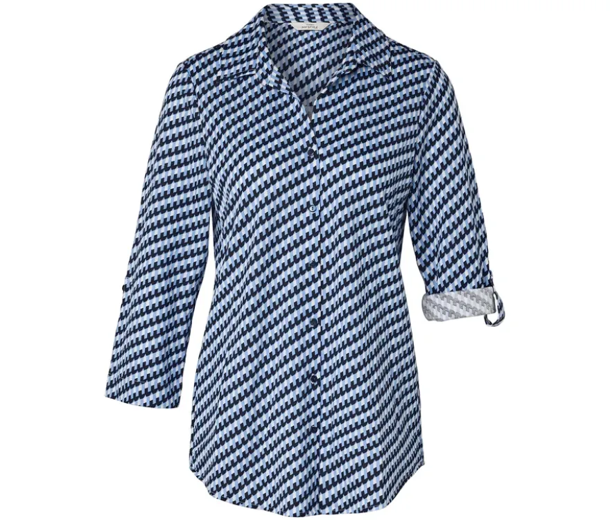 Piqué-Jerseybluse, dunkelblau-weiß-hellblauer Alloverprint