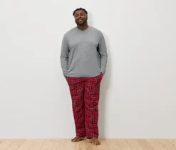Pyjama-Set mit Flanellhose, grau-rot