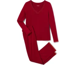 Pyjama-Set mit Spitzenbesatz, rot