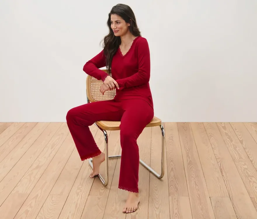 Pyjama-Set mit Spitzenbesatz, rot