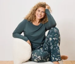 Pyjama-Set, petrol mit floralem Alloverprint