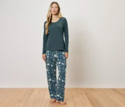 Pyjama-Set, petrol mit floralem Alloverprint