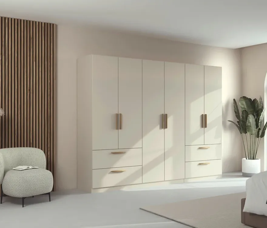 Rauch Drehtürenschrank "Skandi" 6-türig mit vier Schubladen, beige/champagner