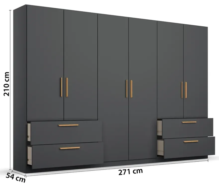 Rauch Drehtürenschrank "Skandi" 6-türig mit vier Schubladen, grau-metallic