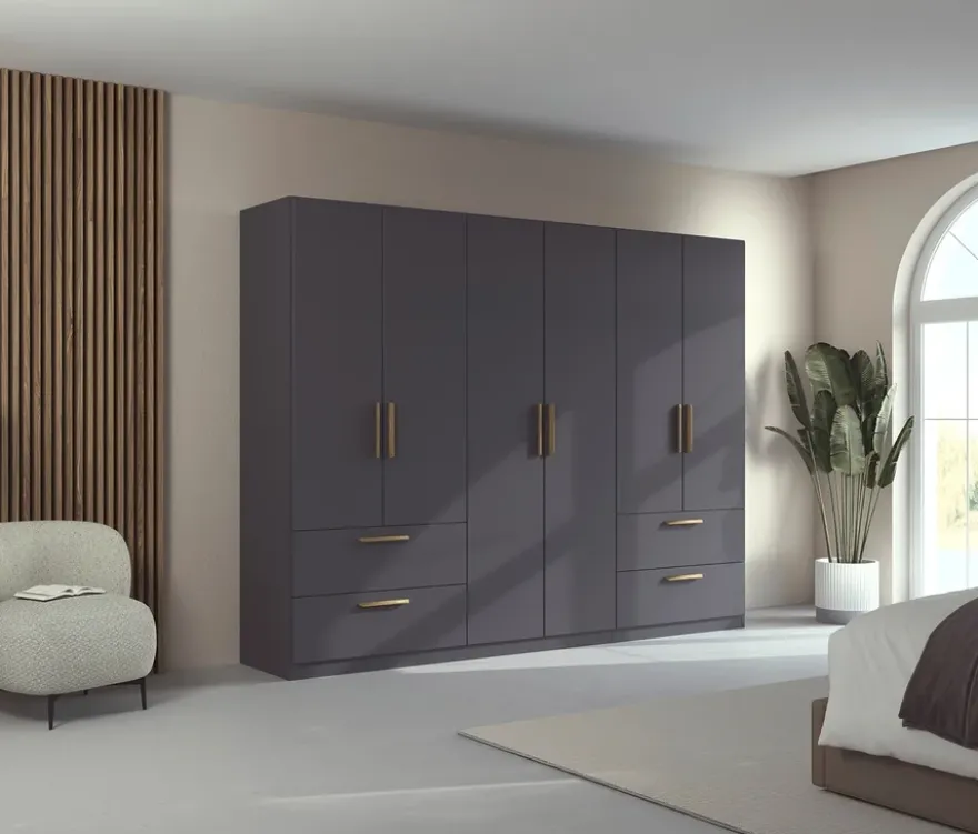 Rauch Drehtürenschrank "Skandi" 6-türig mit vier Schubladen, grau-metallic