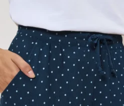 Schlupfhose in Crinkle-Optik, dunkelblau mit weißen Punkten