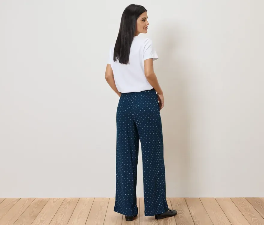 Schlupfhose in Crinkle-Optik, dunkelblau mit weißen Punkten