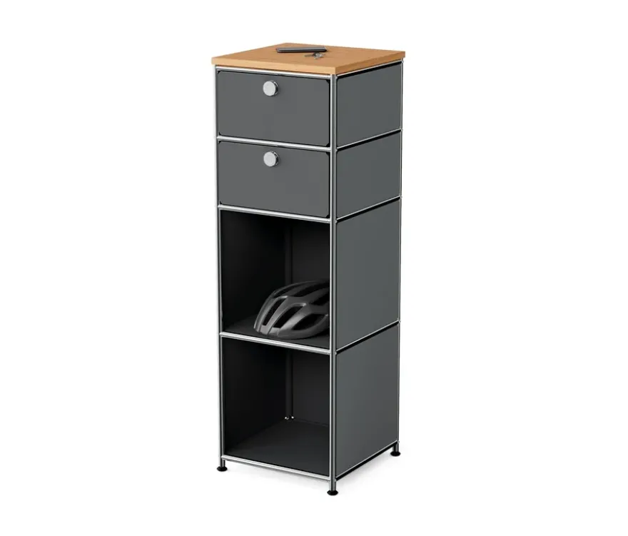 Schmale Kommode Metall »CN3« mit Holzplatte und 2 Schubladen, grau