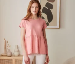 Shirt im Materialmix mit Stickerei, korallefarben