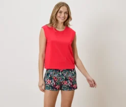 Shorty-Pyjama-Set, flamingorot/schwarz