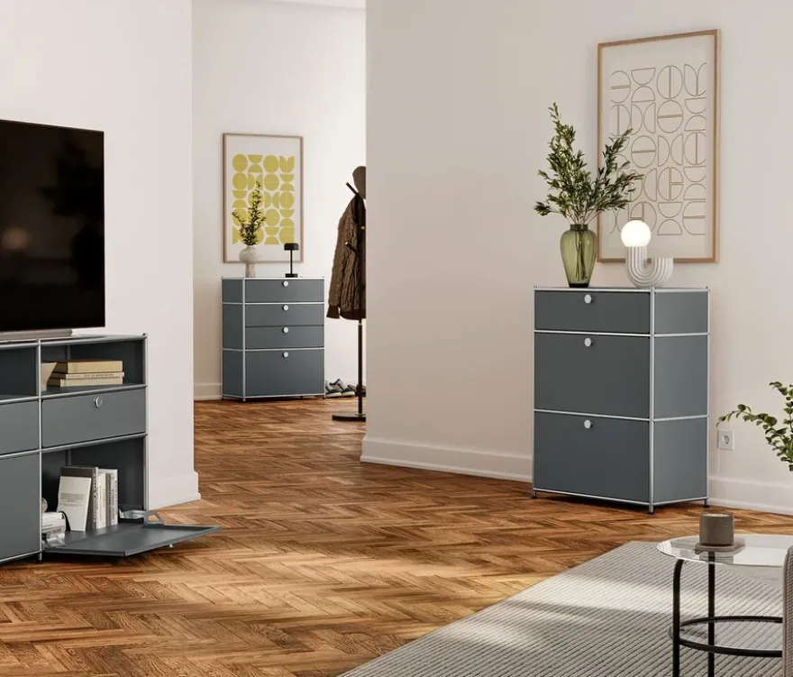 Sideboard Metall »CN3« mit 2 Klappenfächern, 2 Schubladen und 2 offenen Fächern, grau