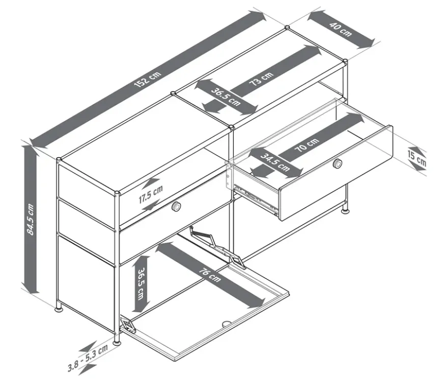 Sideboard Metall »CN3« mit 2 Klappenfächern, 2 Schubladen und 2 offenen Fächern, grau