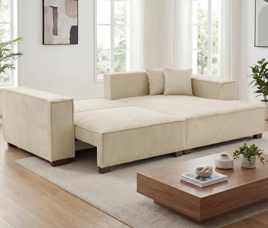 Sofa 2-Sitzer mit Auszugsbett links, Longchair rechts »Cumello«, creme