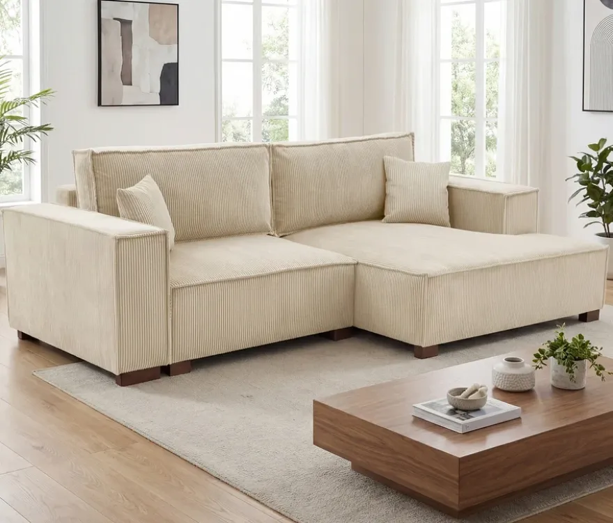 Sofa 2-Sitzer mit Auszugsbett links, Longchair rechts »Cumello«, creme