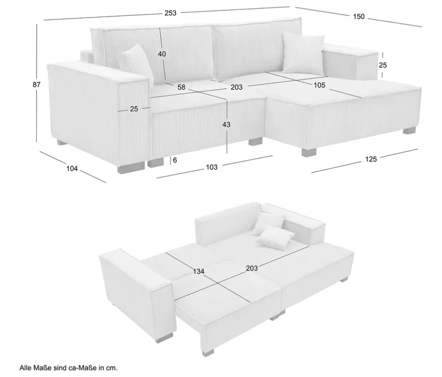 Sofa 2-Sitzer mit Auszugsbett links, Longchair rechts »Cumello«, anthrazit