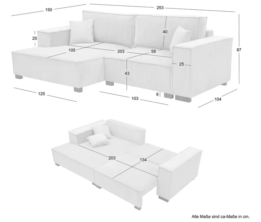 Sofa 2-Sitzer mit Auszugsbett rechts, Longchair links »Cumello«, anthrazit