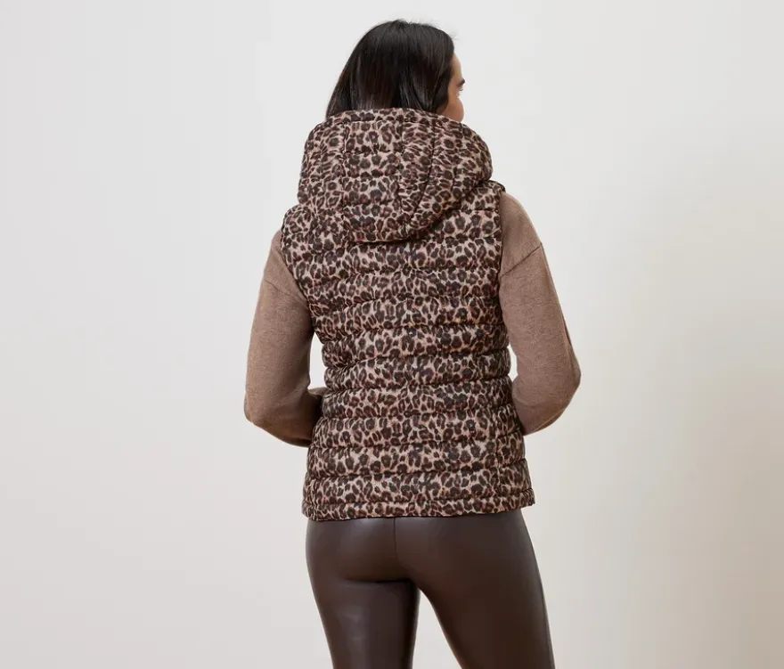 Steppweste mit Kapuze, beige mit braun-schwarzem Leo-Alloverprint
