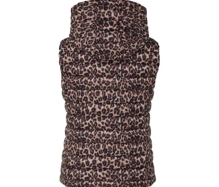 Steppweste mit Kapuze, beige mit braun-schwarzem Leo-Alloverprint
